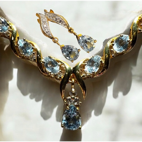 Aquamarine & Diamond 18KGP Over SSS Necklace & Earring Set - Picture 1 of 17